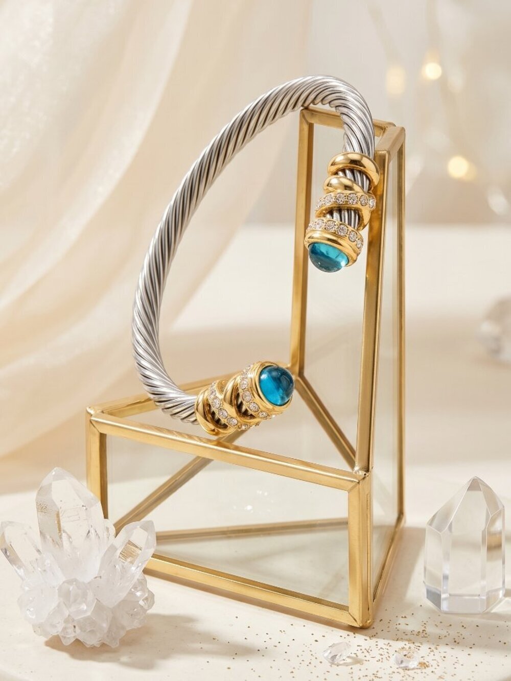 Two-Tone 18K Gold Plated Cable Cuff Mixed Metals Bracelet Turquoise Crystals - Picture 6 of 12